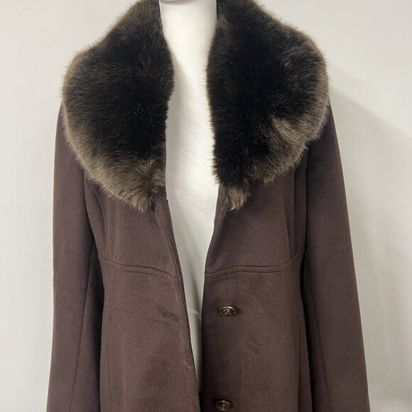 Vtg Women’s 6 Jones New York Brown Wool Blend Pea Coat Trench Faux Fur Collar - Picture 12 of 16